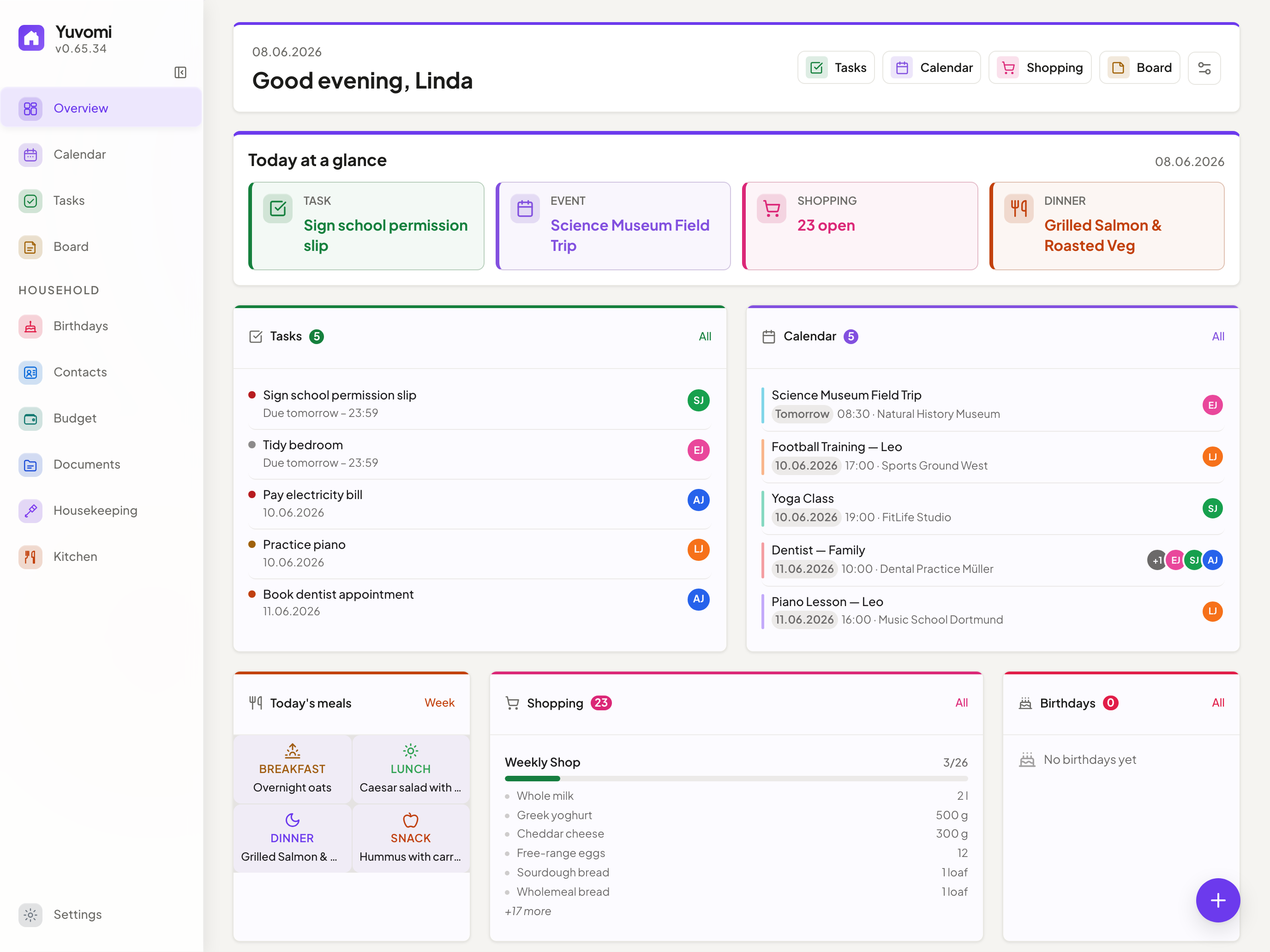 Yuvomi dashboard showing today's tasks, calendar, meals and shopping at a glance