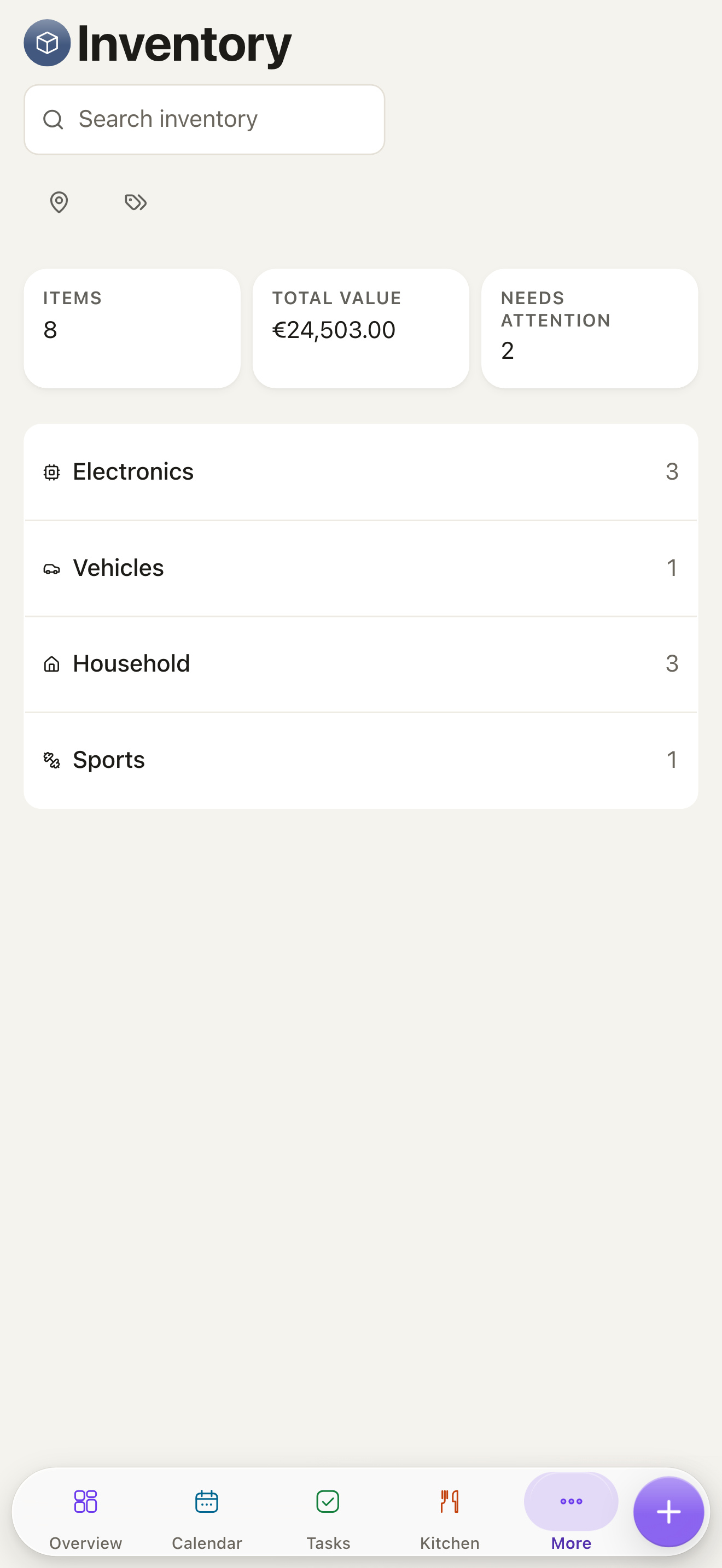 The inventory module on a phone